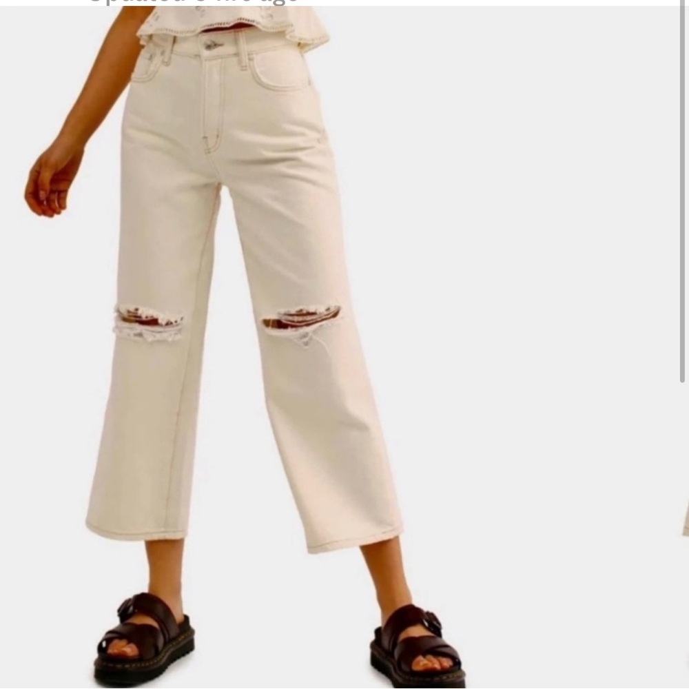 We The Free Cream Flare Wide Leg Jeans with Distressed Details